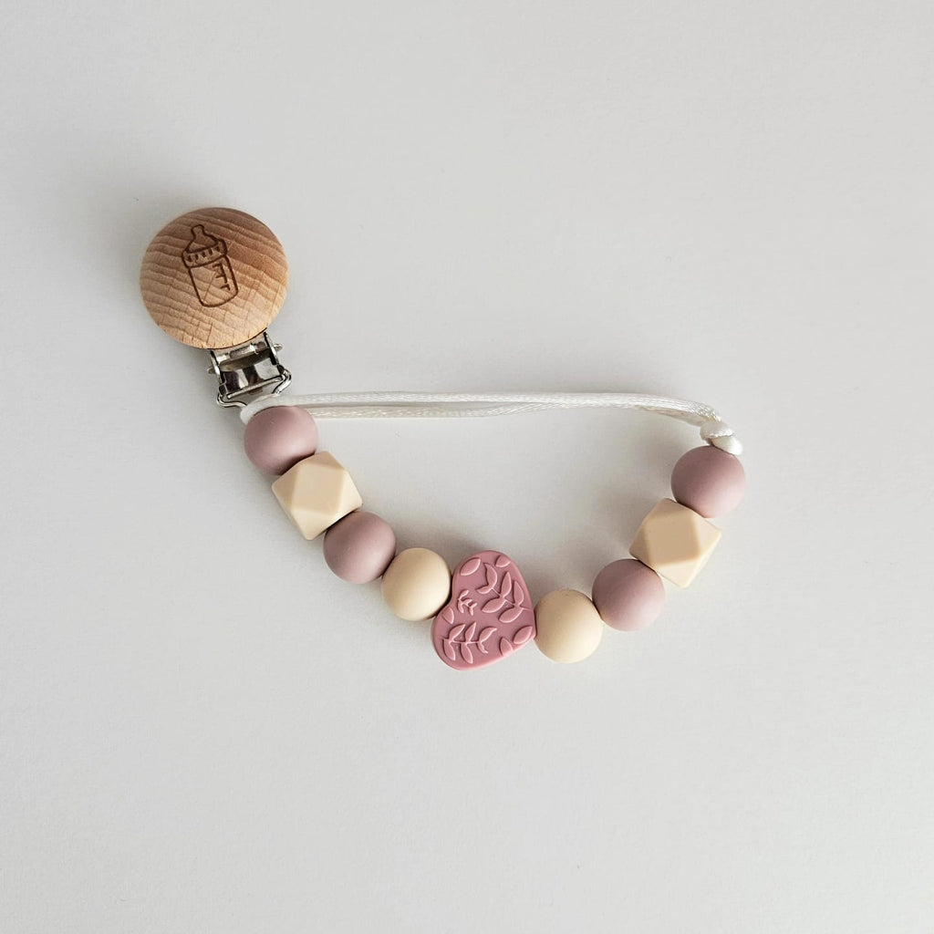 Clips lantisor pentru suzeta cu bile din silicon inima roz