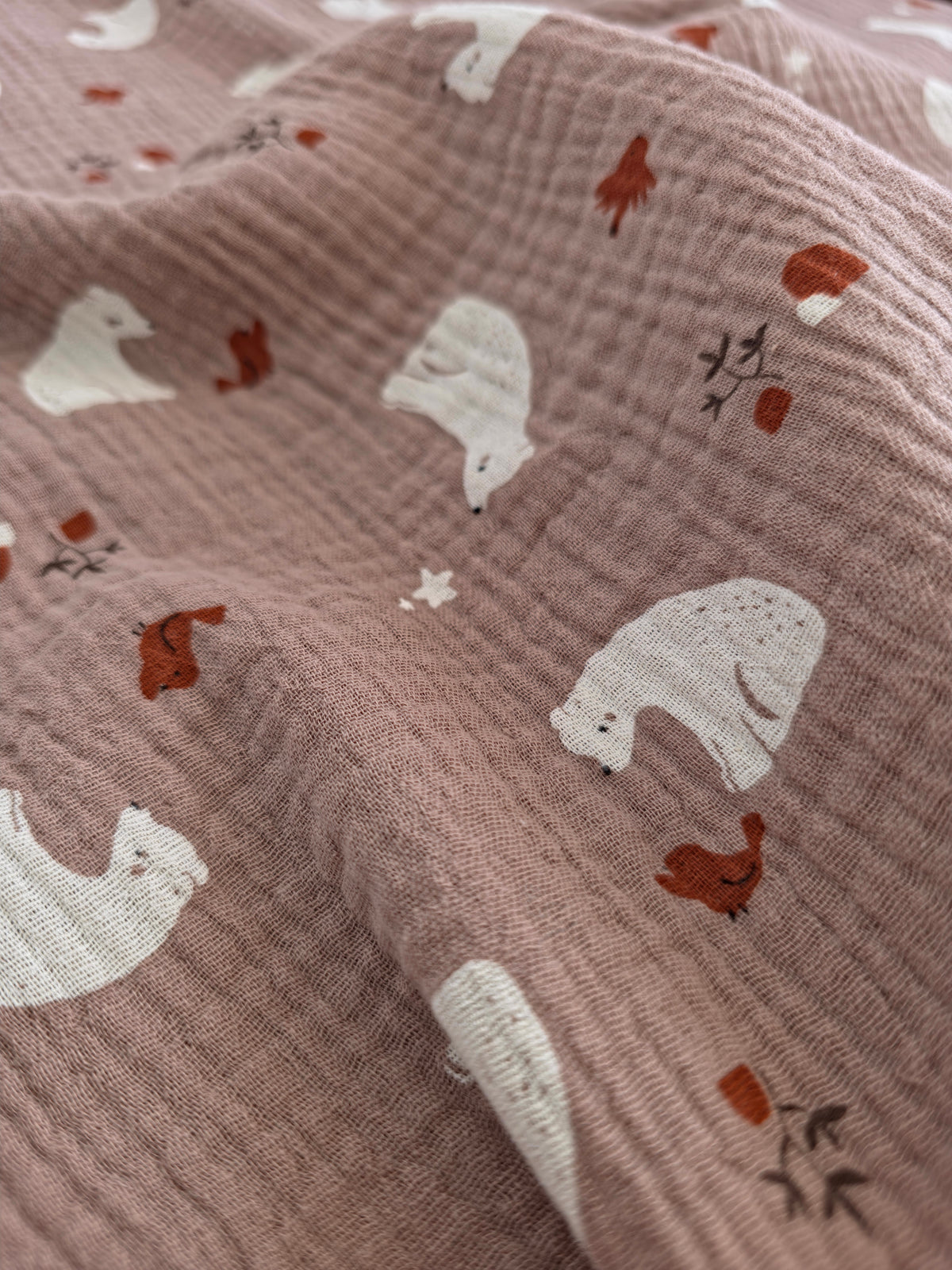 Detaliu muselina din bumbac 100% pentru bebelusi, model Taupe Bears Ecru