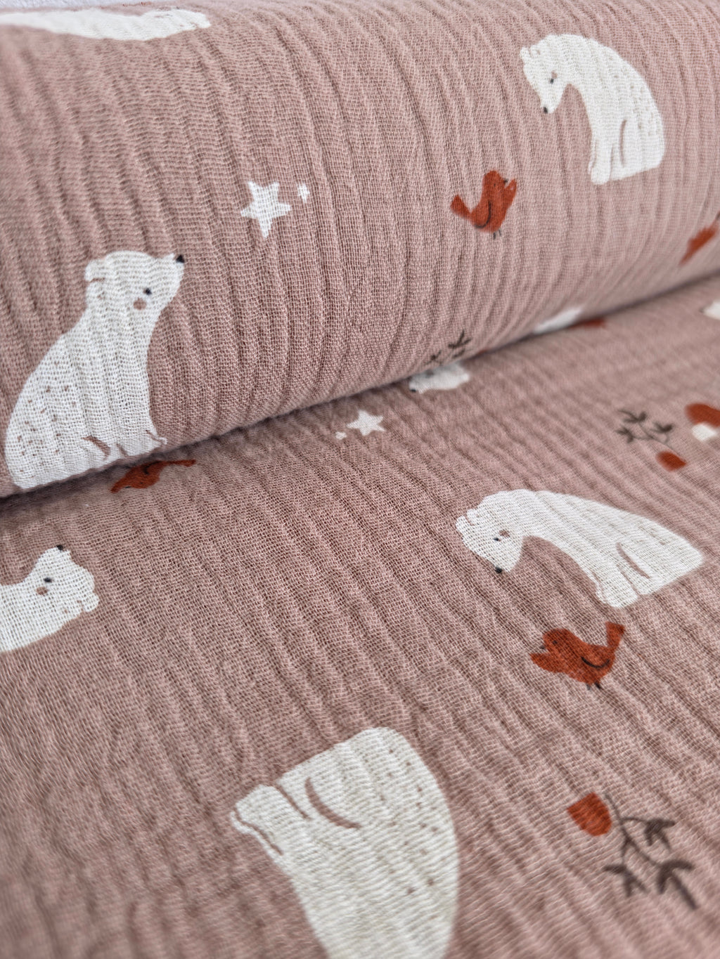 Muselina din bumbac 100% pentru bebelusi, model Taupe Bears Ecru, rulata
