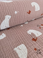 Muselina din bumbac 100% pentru bebelusi, model Taupe Bears Ecru, rulata