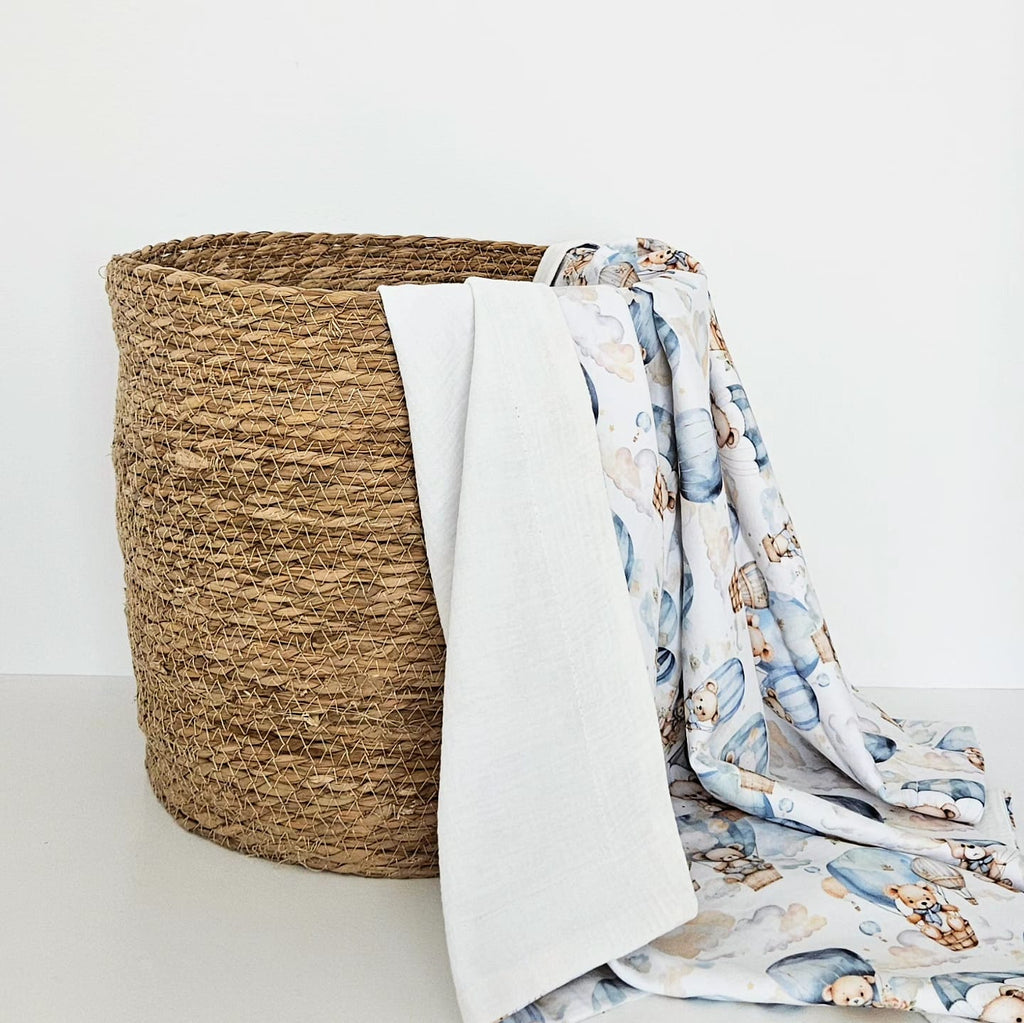 Patura dubla 80x100 din muselina White si bumbac cu imprimeu Baloon, Oeko-Tex, realizata de Misina's Store – vedere completa