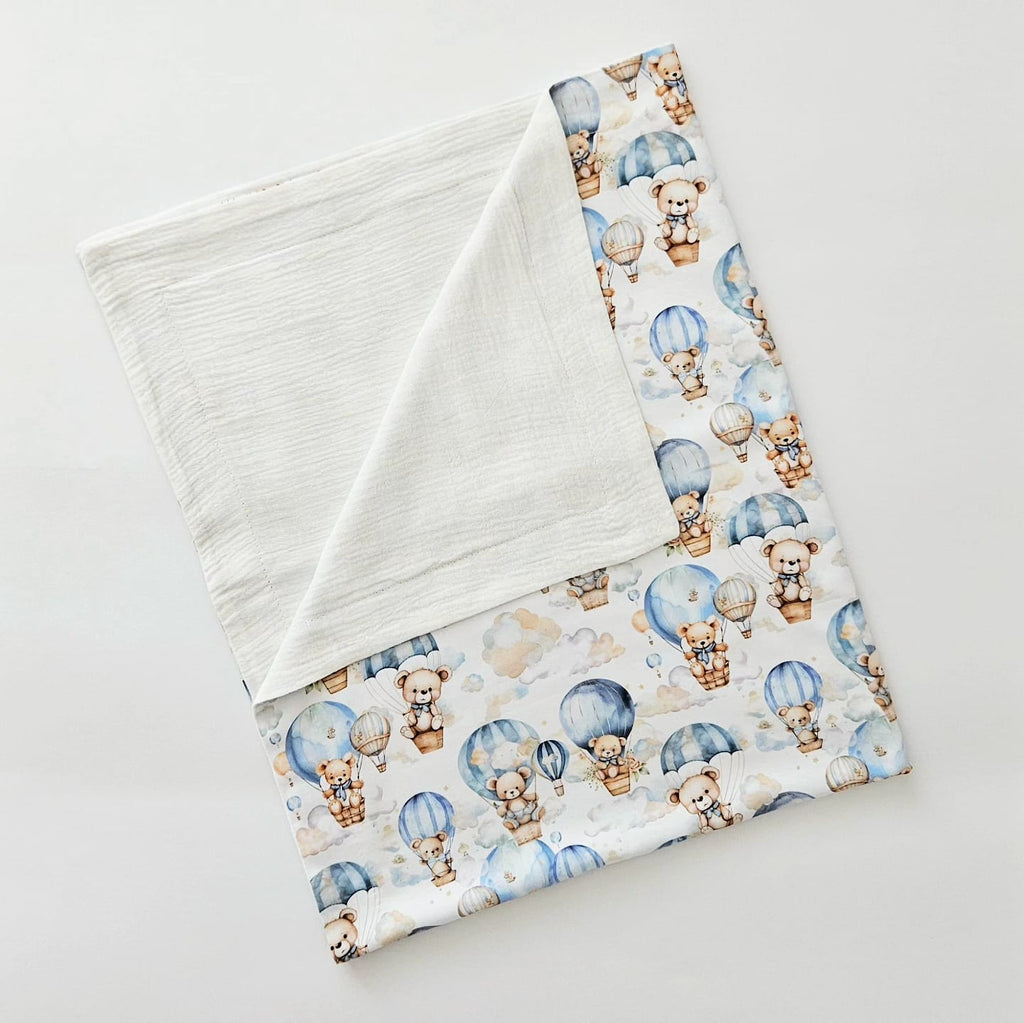 Detaliu imprimeu Baloon pe patura dubla 80x100 din muselina White si bumbac, Oeko-Tex, realizata de Misina's Store