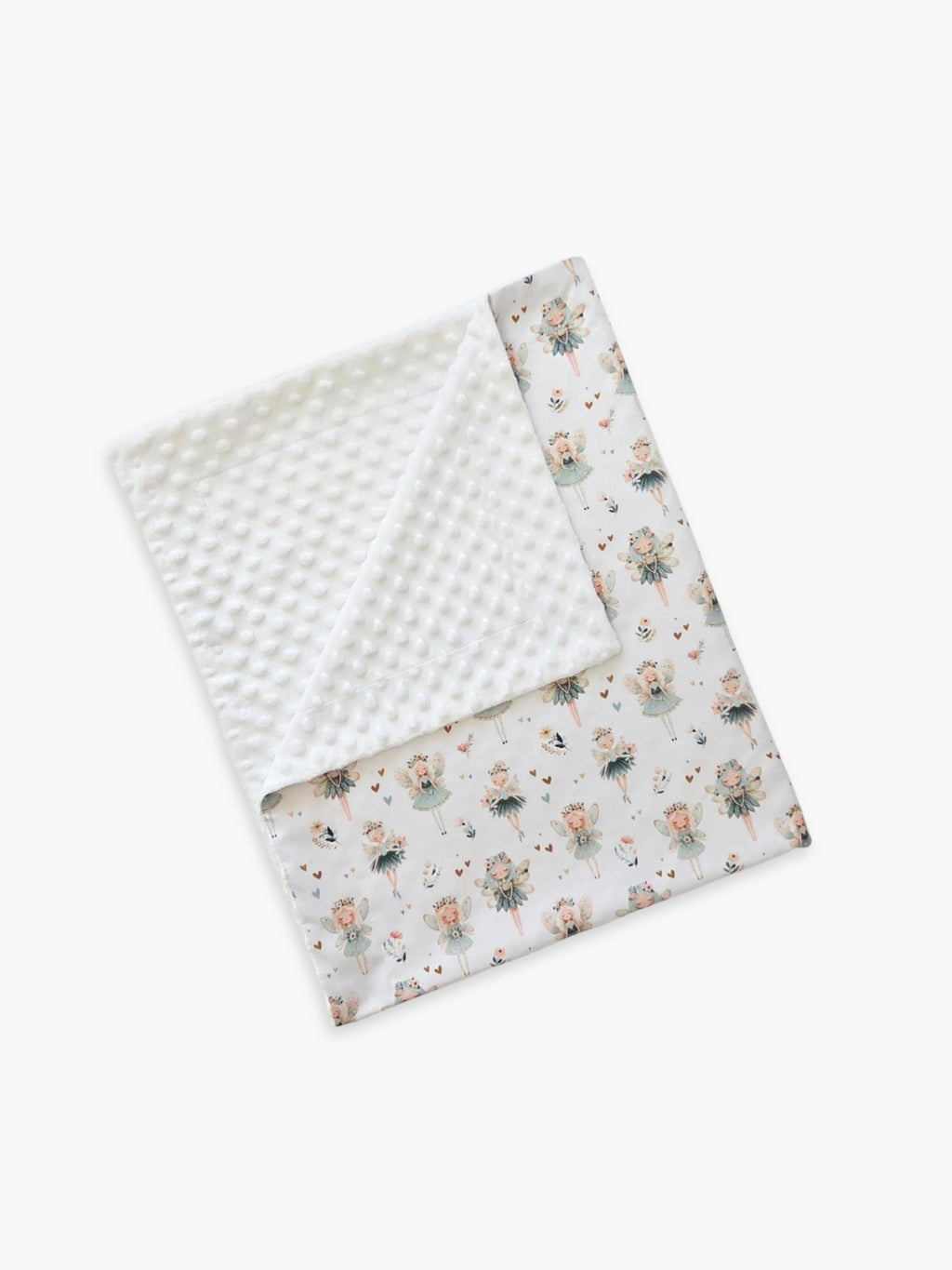 Paturica dubla pentru bebe din bumbac si Minky alb, model Little Fairies White
