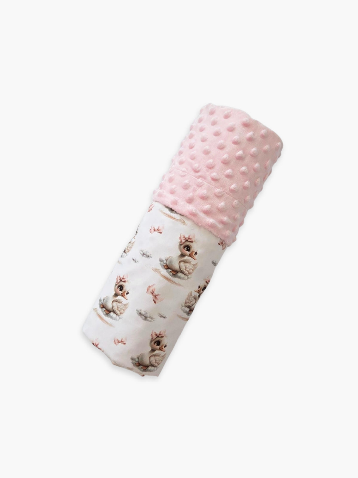 Paturica bebe Pink Swan din bumbac si Minky, rulata