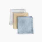 Set 3 prosoape muselina 25x25 pentru bebelusi in nuante albastru, crem si alb
