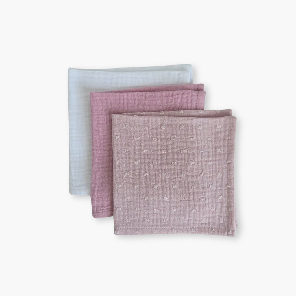 Set 3 prosoape din muselina 25x25 cm pentru bebelusi, Dobby Pink, Petale si White
