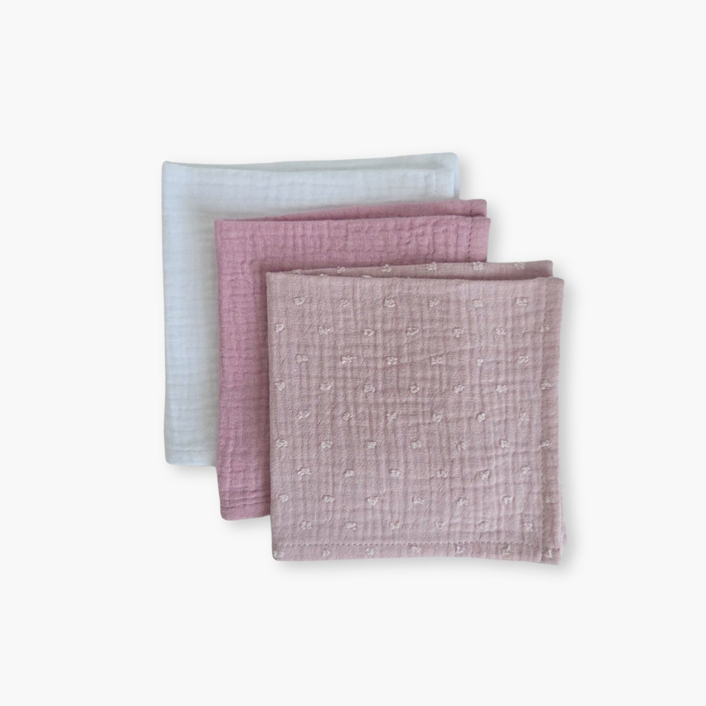 Set 3 prosoape din muselina 25x25 cm pentru bebelusi, Dobby Pink, Petale si White