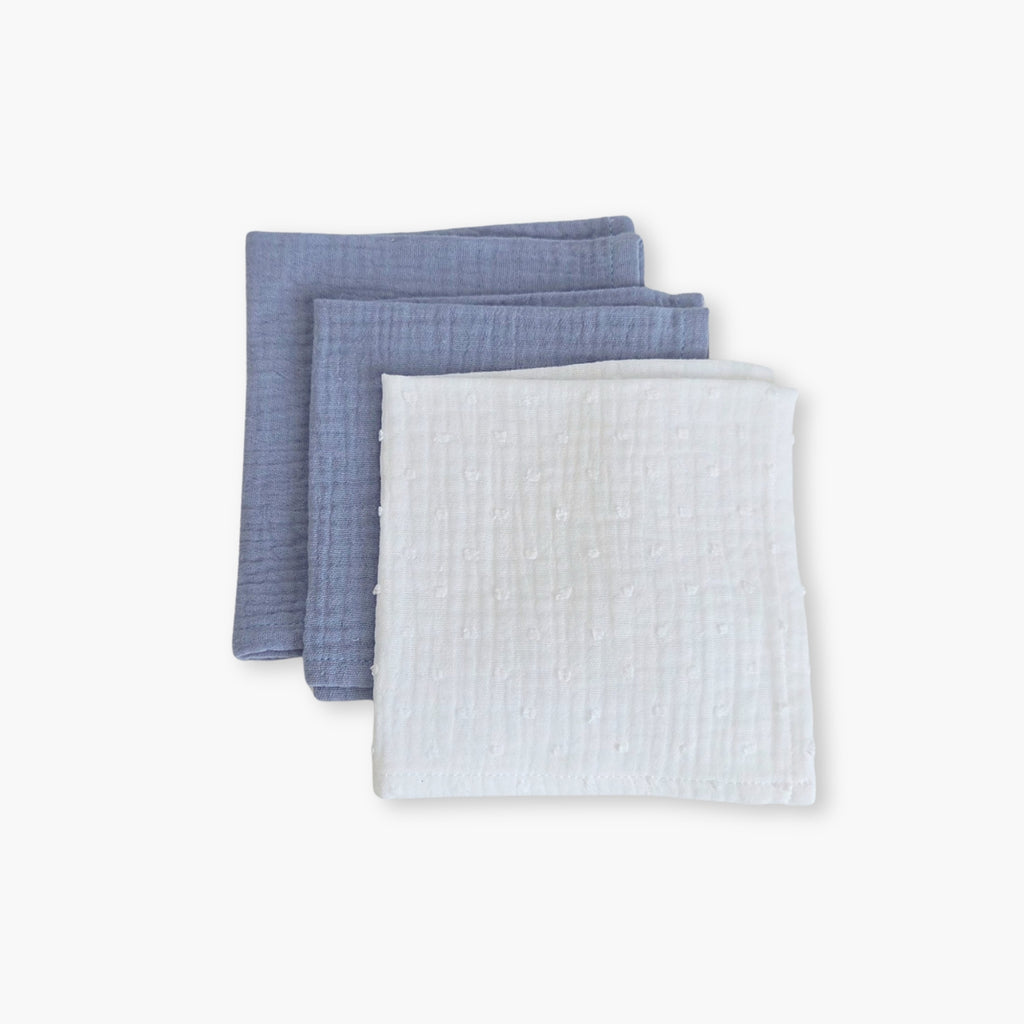 Set 3 prosoape din muselina 25x25 cm pentru bebelusi, Dobby White si Blue