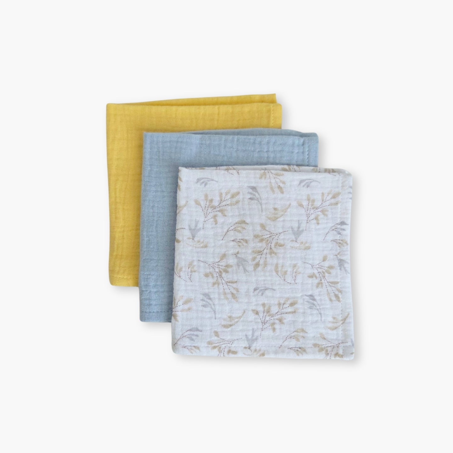 Set 3 prosoape din muselina 25x25 cm pentru bebelusi, Ikano Birds, Glacier si Yellow