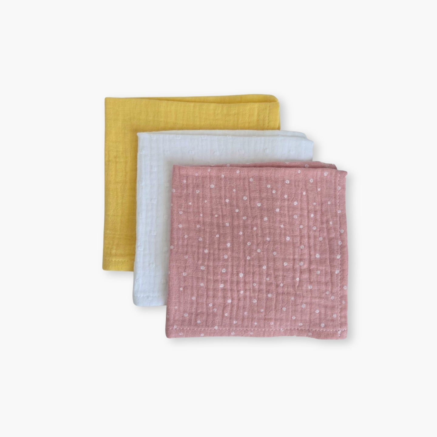 Set 3 prosoape din muselina 25x25 cm pentru bebelusi, Little Dots Rose, Dobby White si Yellow