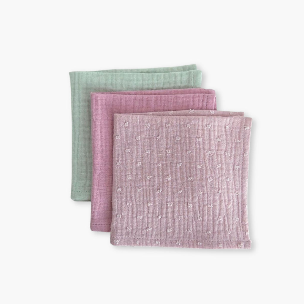 Set 3 prosoape din muselina 25x25 cm pentru bebelusi, Vintage Mint, Lilac si Dobby Pink
