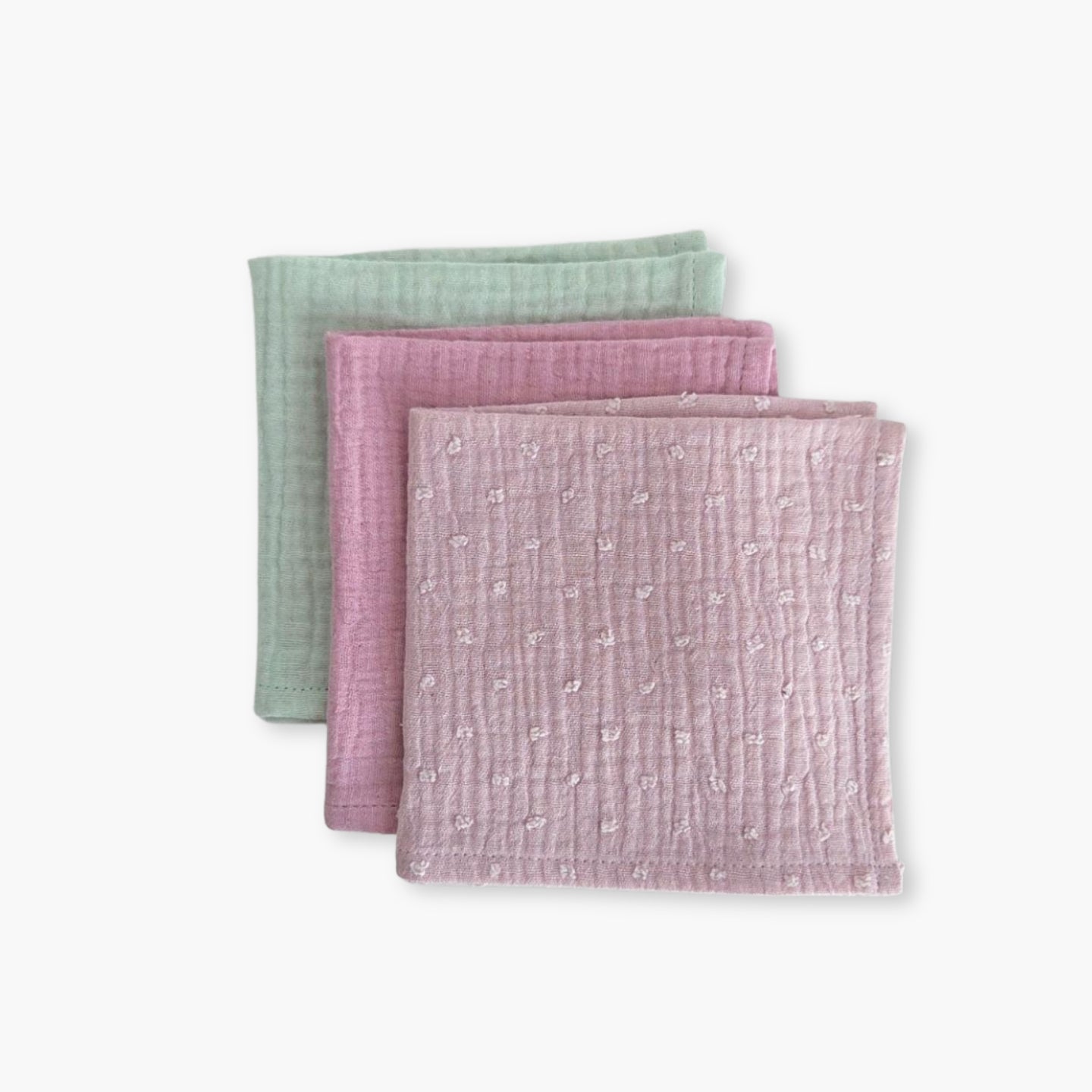 Set 3 prosoape din muselina 25x25 cm pentru bebelusi, Vintage Mint, Lilac si Dobby Pink