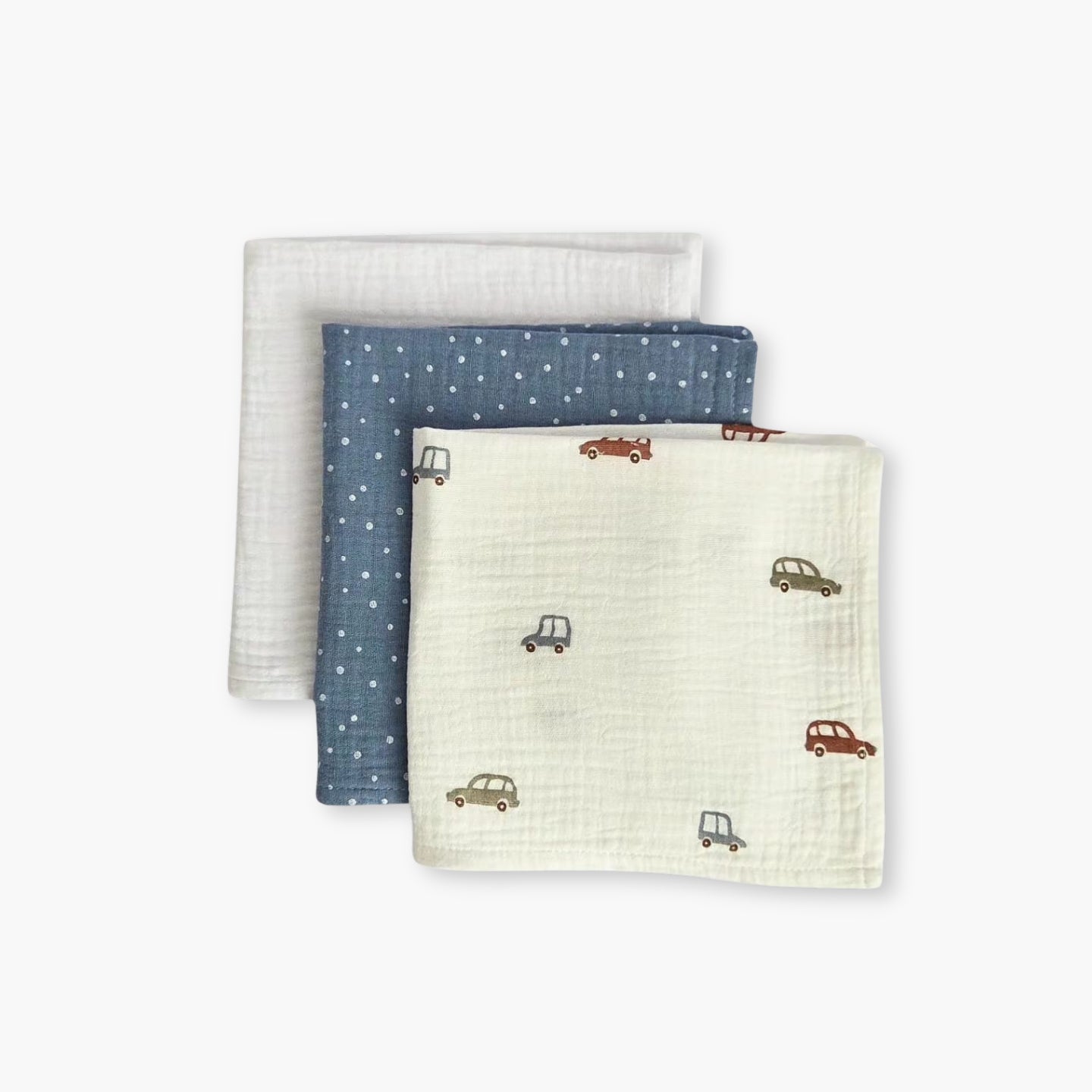 Set 3 prosoape muselina 35x35 pentru bebelusi in nuante white si bleu