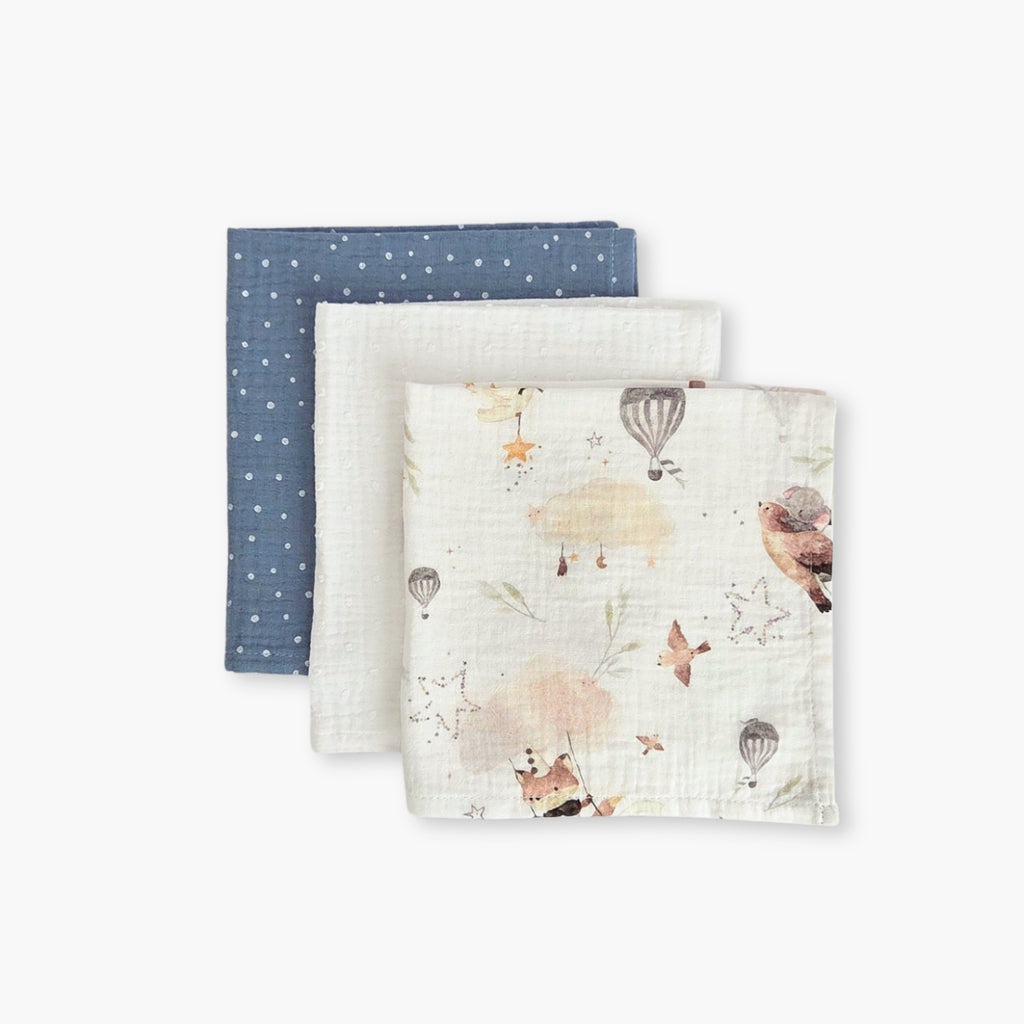 Set 3 prosoape din muselina 35x35 cm pentru bebelusi, Blue, White si Magic Sky