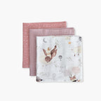 Set 3 prosoape din muselina 35x35 cm pentru bebelusi, Little Dots Rose, Petale si Magic Sky