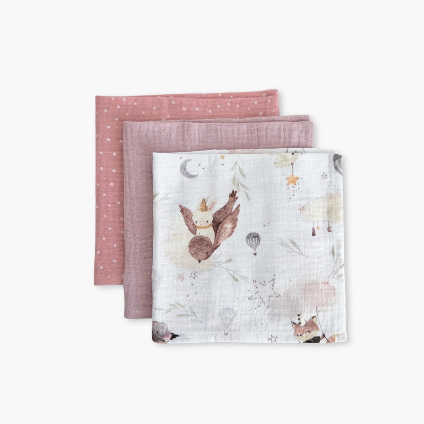 Set 3 prosoape din muselina 35x35 cm pentru bebelusi, Little Dots Rose, Petale si Magic Sky